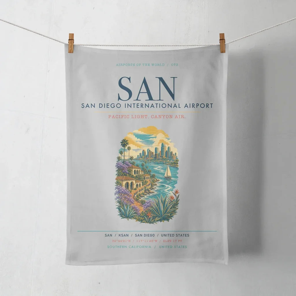 San Diego International Airport (SAN) design on light gray towel