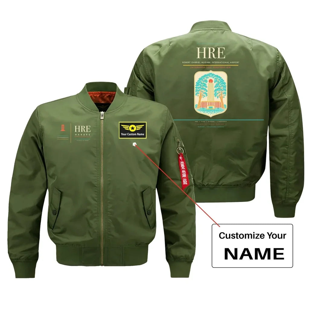 Robert Gabriel Mugabe International Airport (HRE) design on green bomber jacket with custom name patch