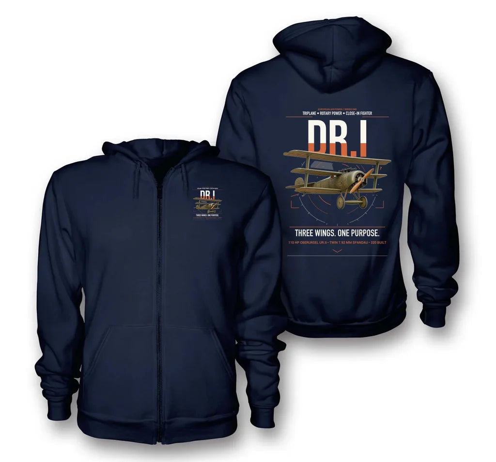Fokker Dr.I design on navy blue premium zipped hoodie, double-side print