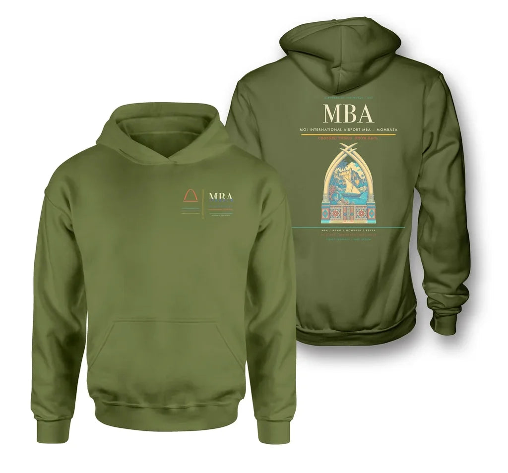 Moi International Airport (MBA) design on green army double-side hoodie