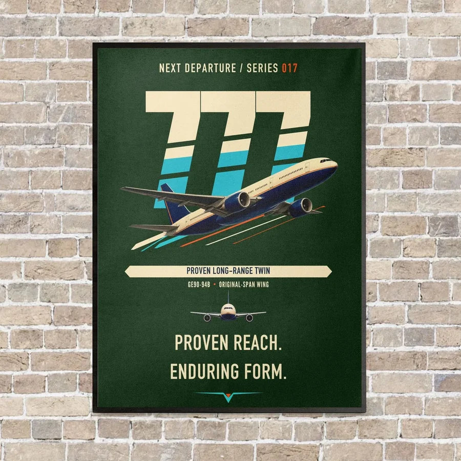 Boeing 777-200ER vertical canvas print - framed - dark green background