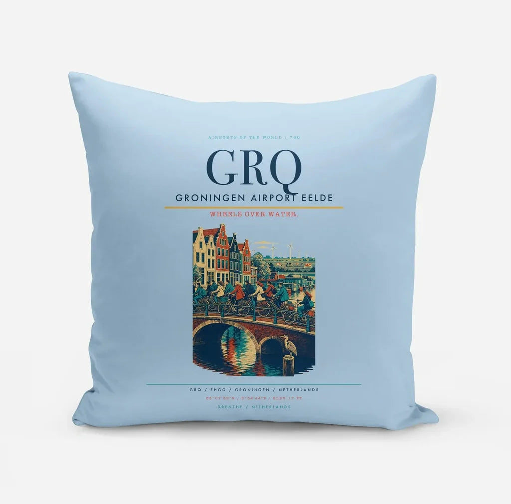Groningen Airport Eelde (GRQ) design on light blue pillow