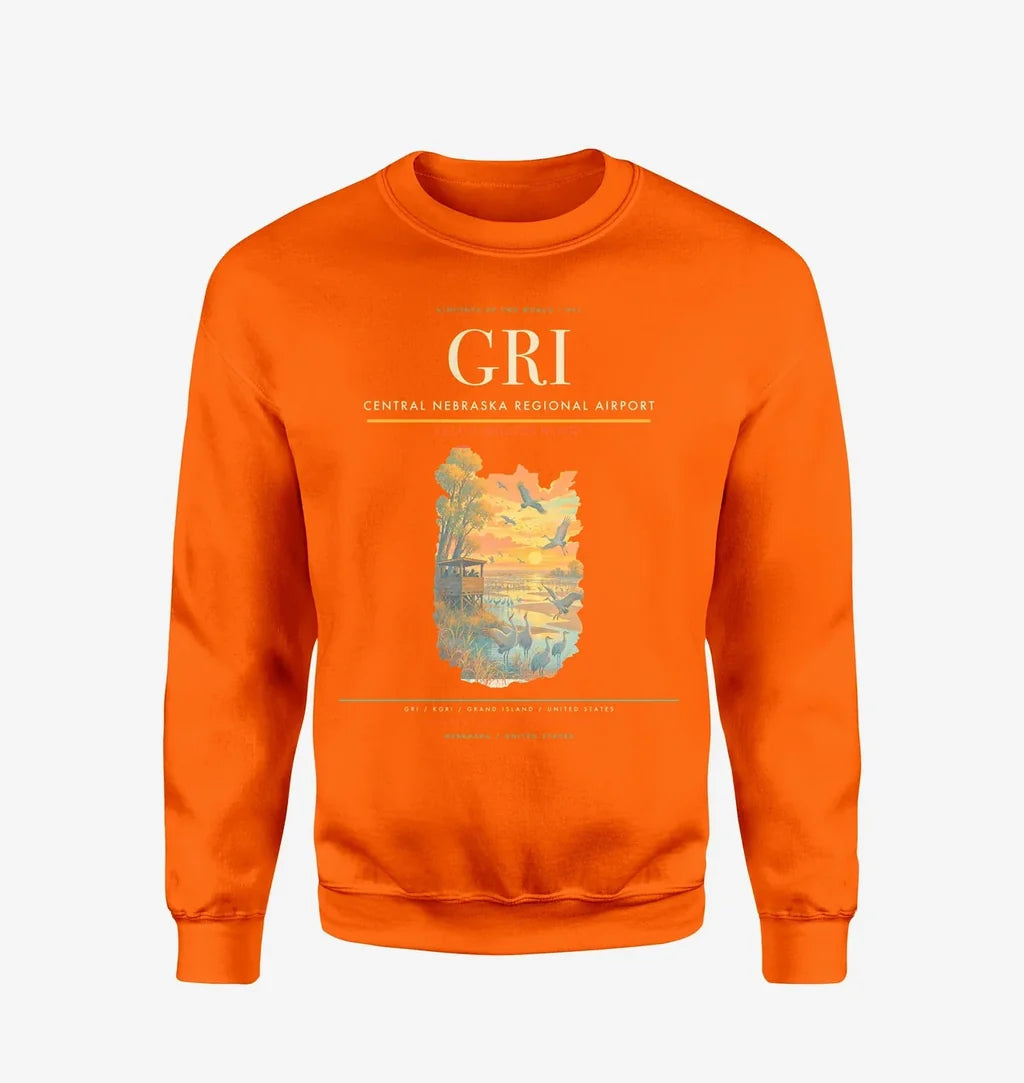 Central Nebraska Regional Airport (GRI) design on orange sweatshirt