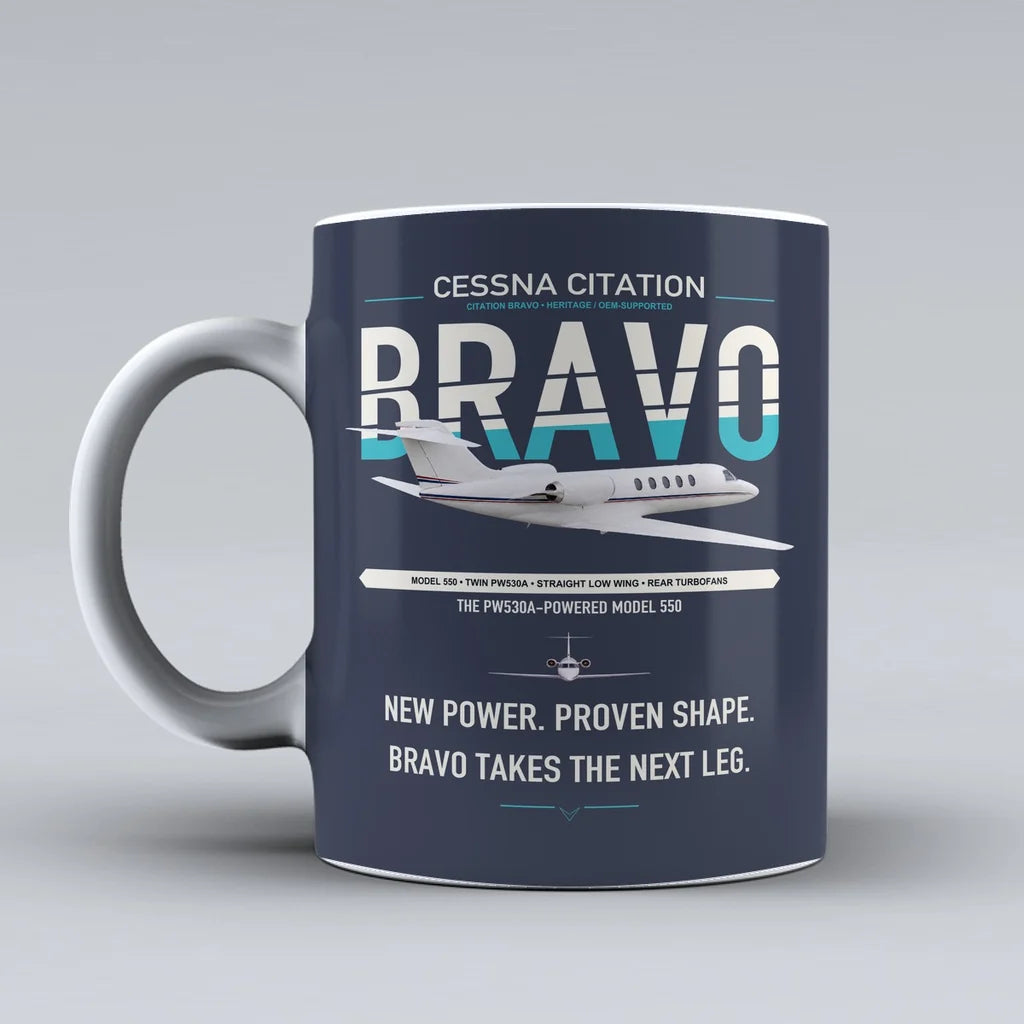 Cessna Citation Bravo design on dark blue ceramic mug, double-side print