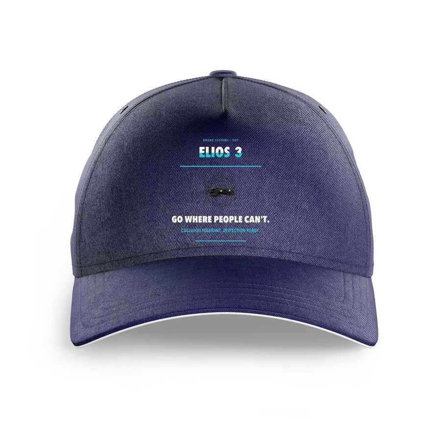 Flyability Elios 3 design on dark blue printed hat
