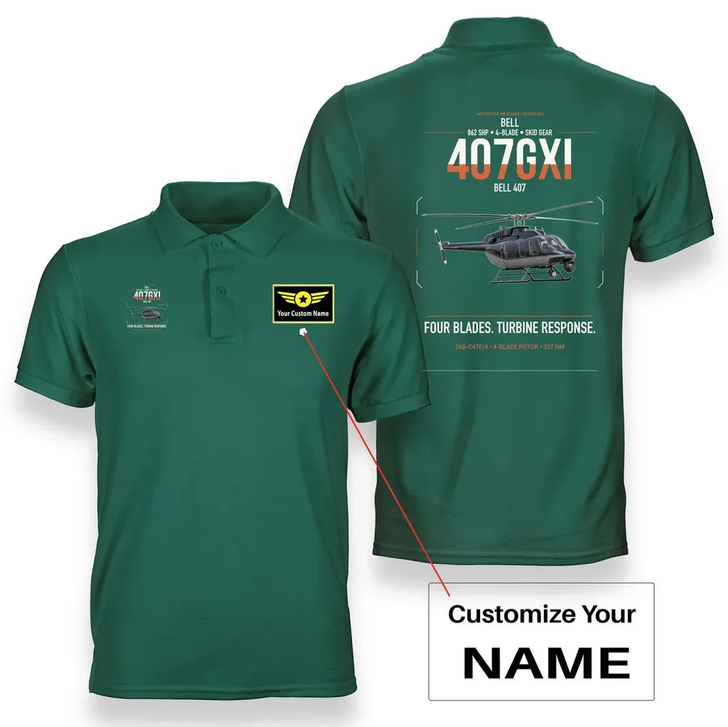 Bell 407GXi design on green+name double-side polo t-shirt, double-side print