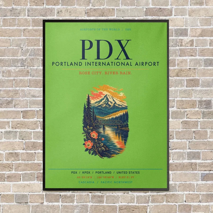 Portland International Airport PDX vertical canvas print - framed - light green background