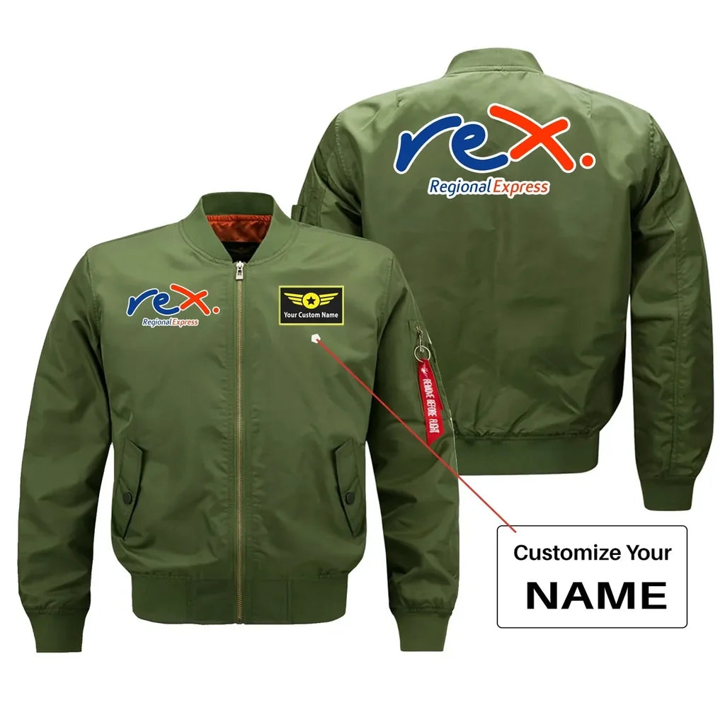 Rex Airlines aviation design with custom name embroidered on green bomber jacket