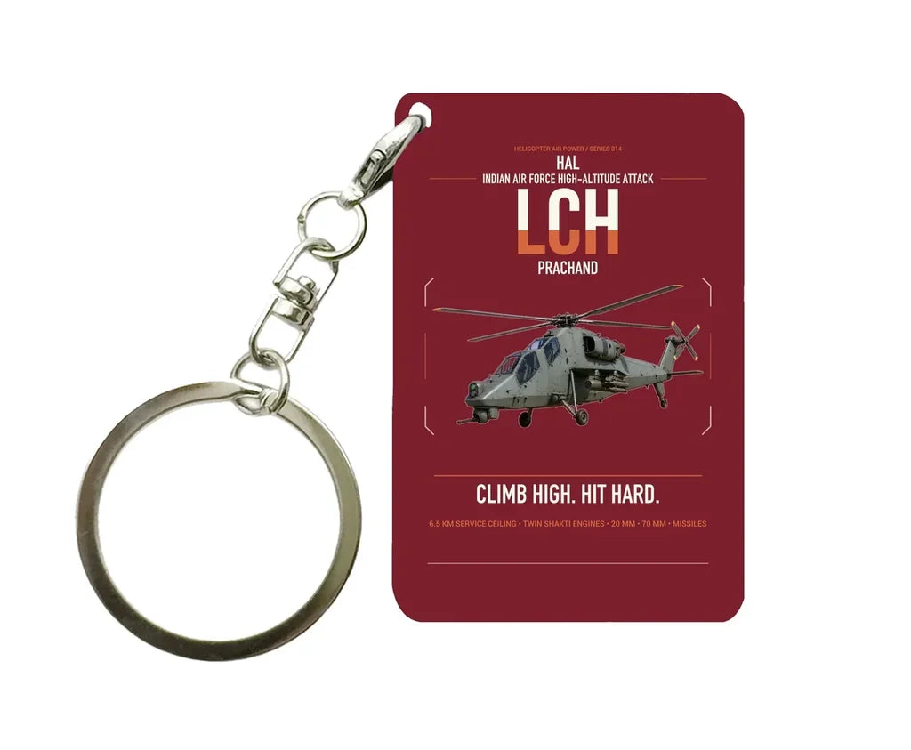 HAL LCH Prachand design on dark red designed key chain, double-side print