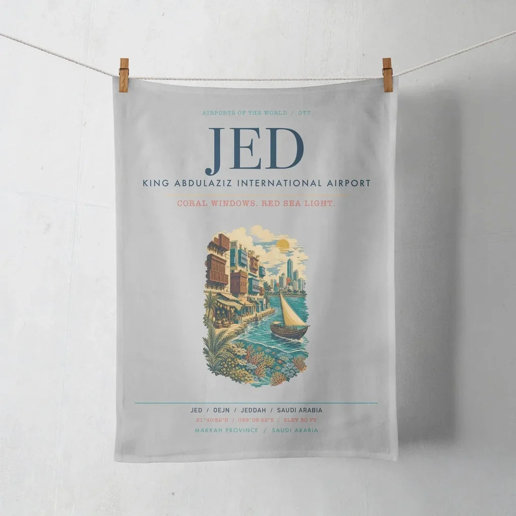 Jeddah King Abdulaziz International Airport (JED) design on light gray towel