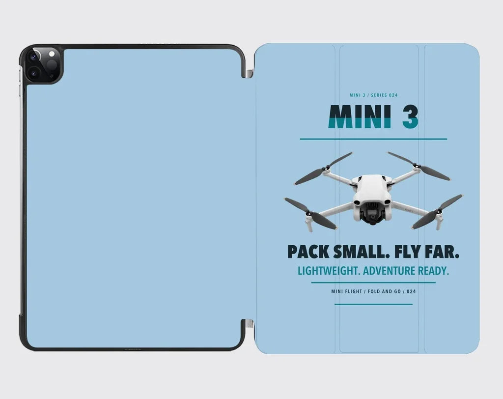 DJI Mini 3 design on light blue ipad tablet case