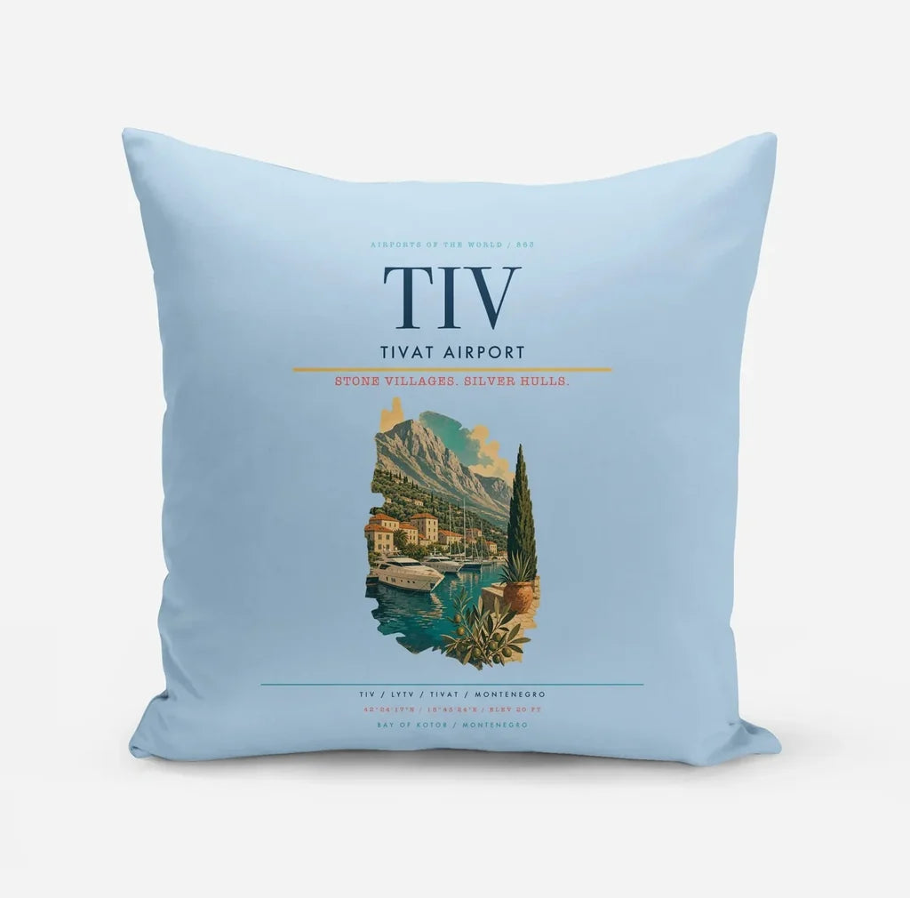 Tivat Airport (TIV) design on light blue pillow