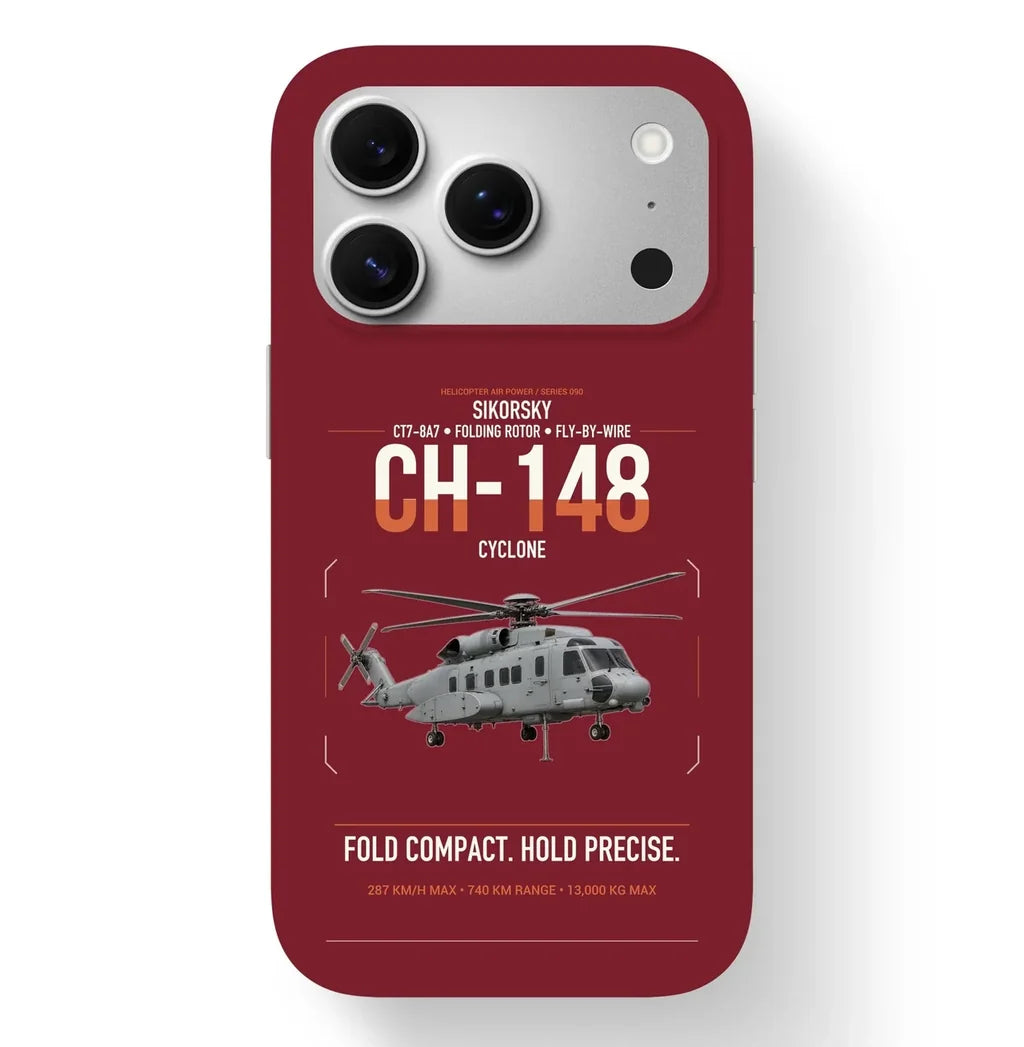 Sikorsky CH-148 Cyclone design on dark red magsafe iphone case, for iPhone 17 Pro