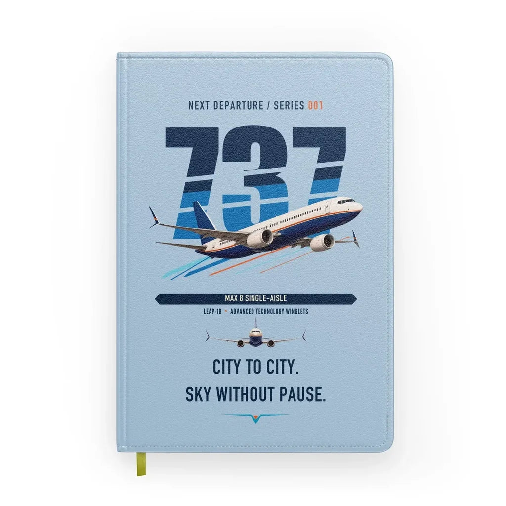 Boeing 737 MAX 8 design on light blue notebook