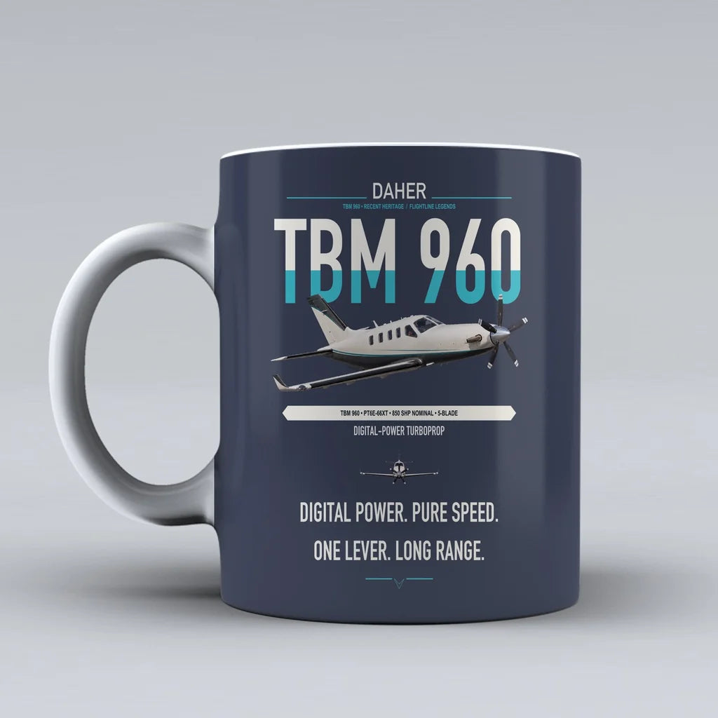 Daher TBM 960 design on dark blue ceramic mug, double-side print