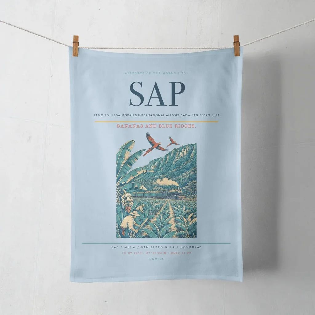Ramón Villeda Morales International Airport (SAP) design on light blue towel