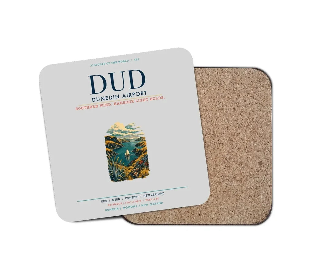 Dunedin Airport (DUD) design on light gray 1 piece coaster