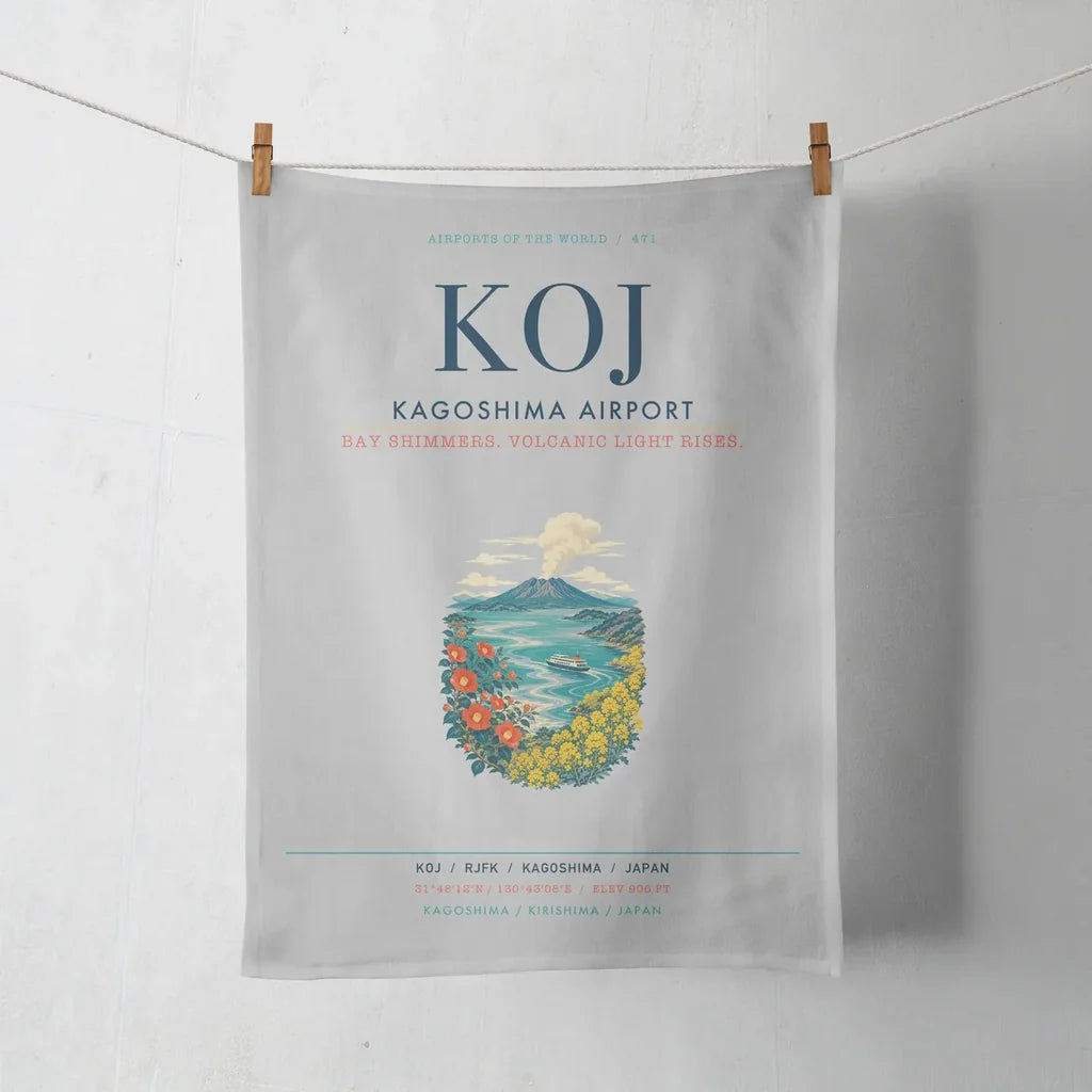 Kagoshima Airport (KOJ) design on light gray towel