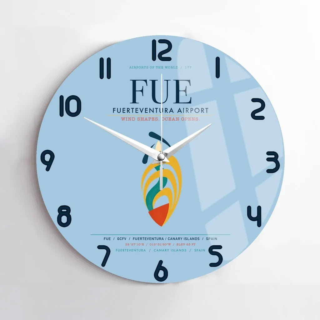 Fuerteventura Airport (FUE) design on light blue no frame wall clock