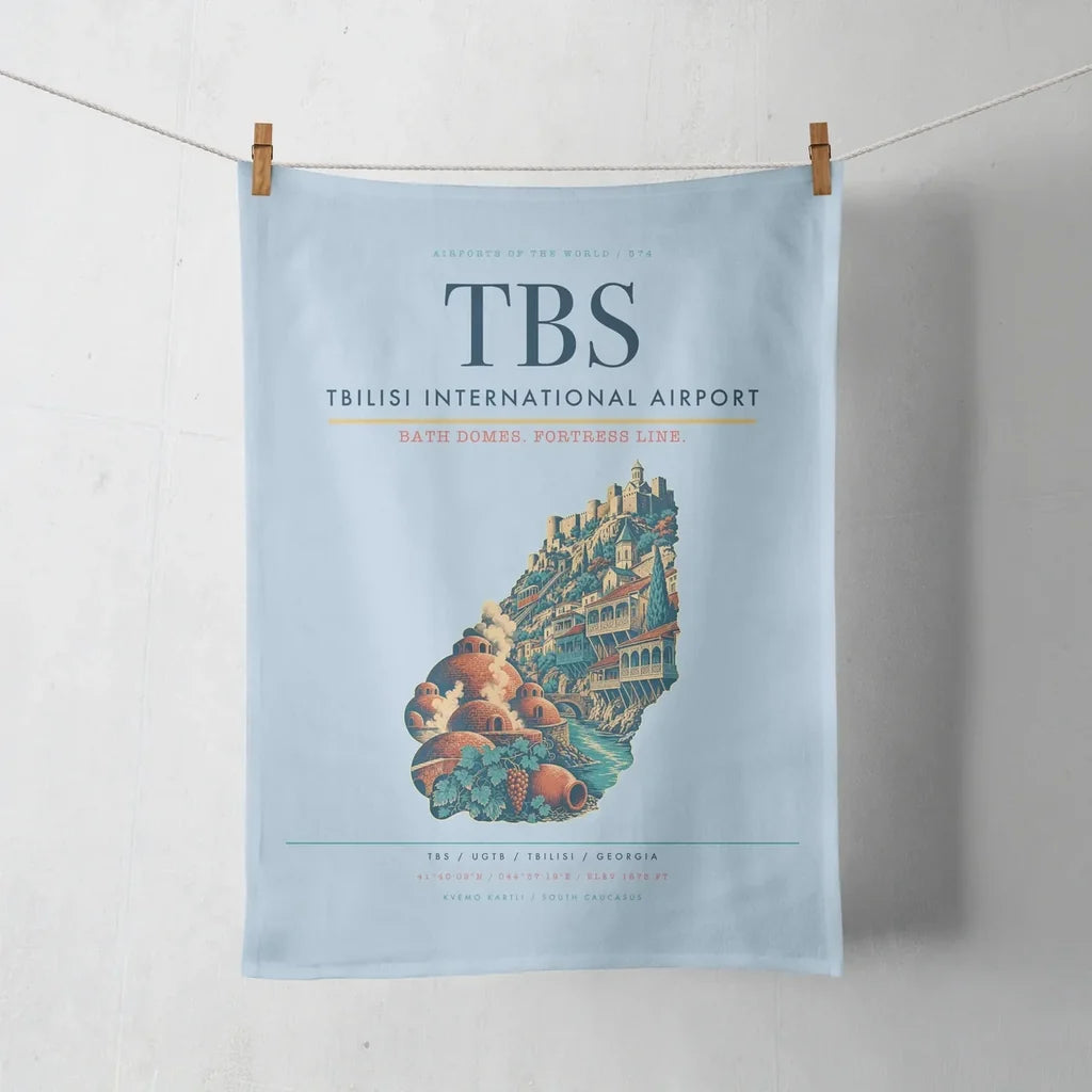 Tbilisi International Airport (TBS) design on light blue towel