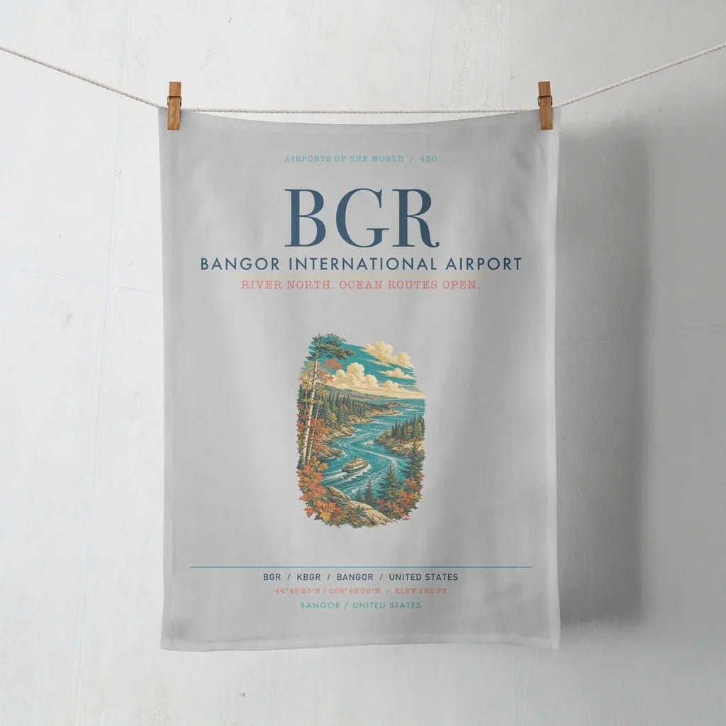 Bangor International Airport (BGR) design on light gray towel