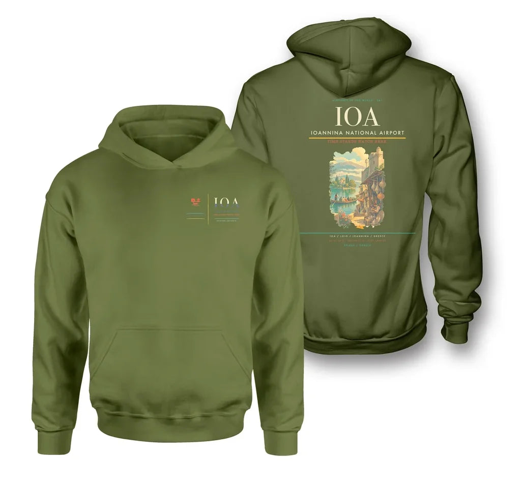 Ioannina National Airport (IOA) design on green army double-side hoodie