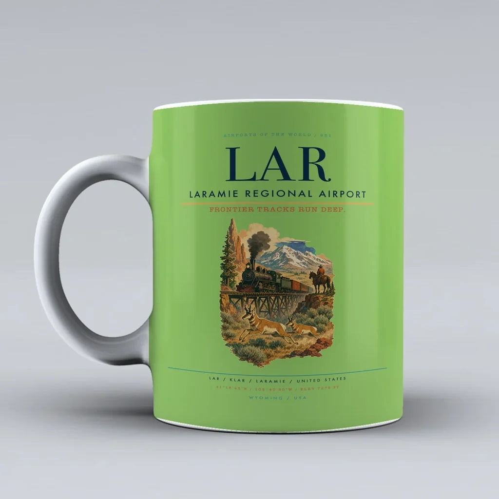 Laramie Regional Airport (LAR) airport code design on light green ceramic mug