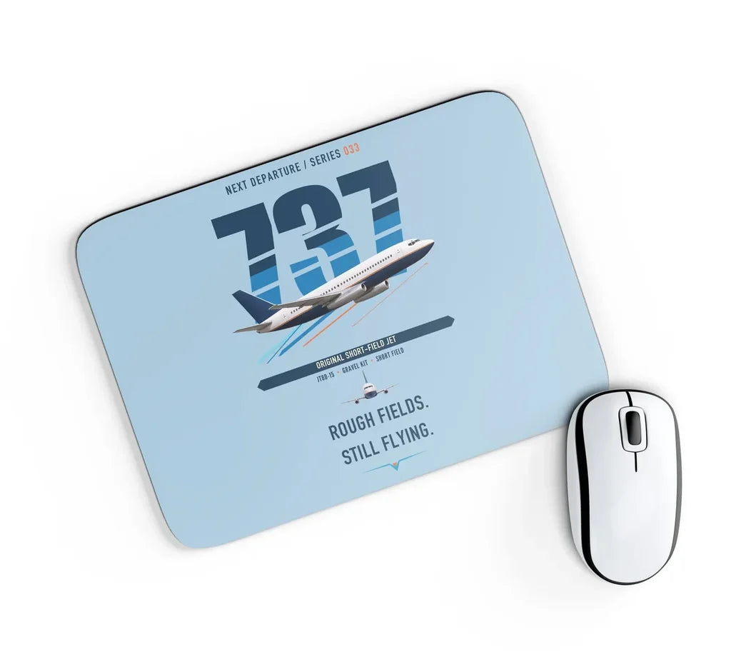 Boeing 737-200 design on light blue rectangle mouse pad