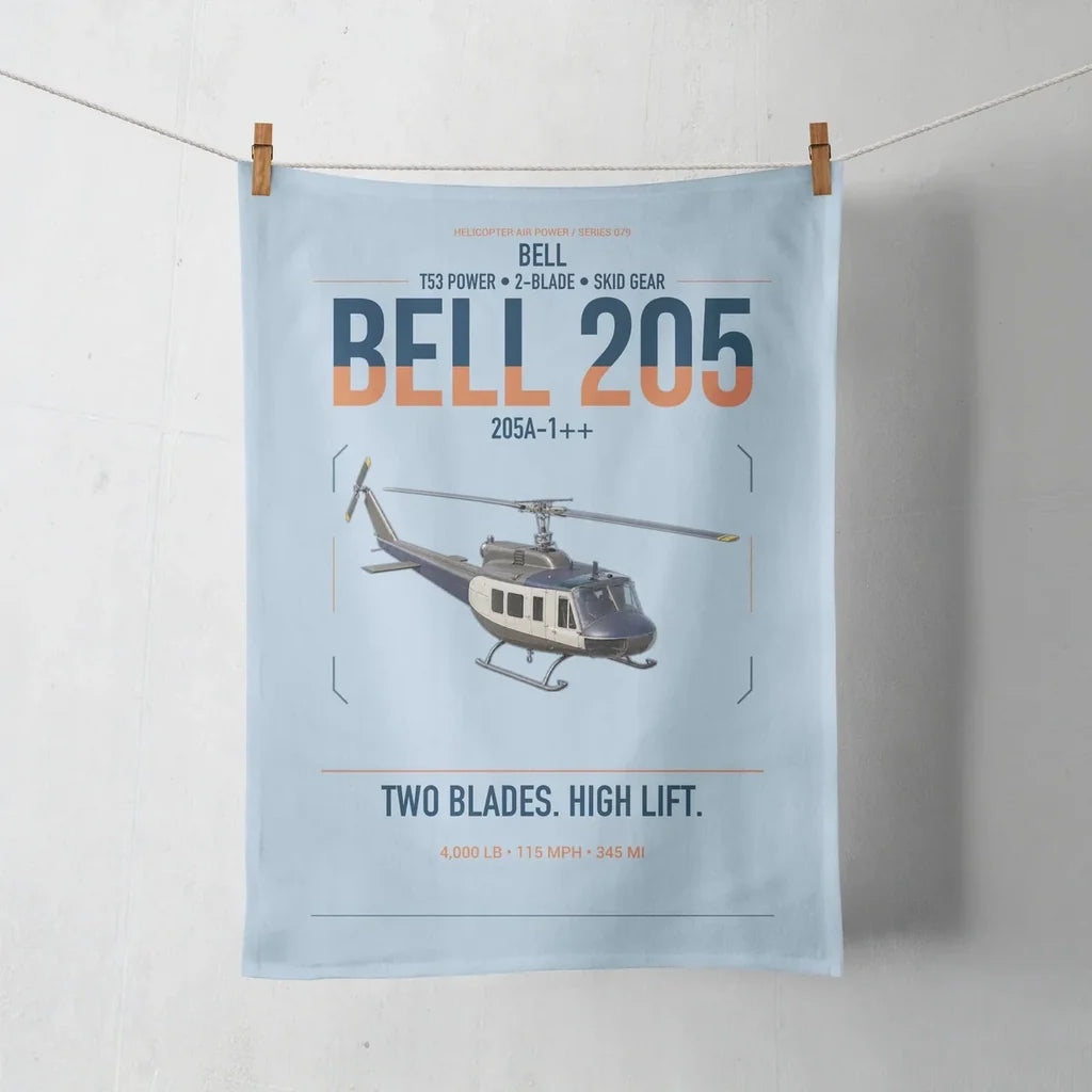 Bell 205A-1++ design on light blue towel