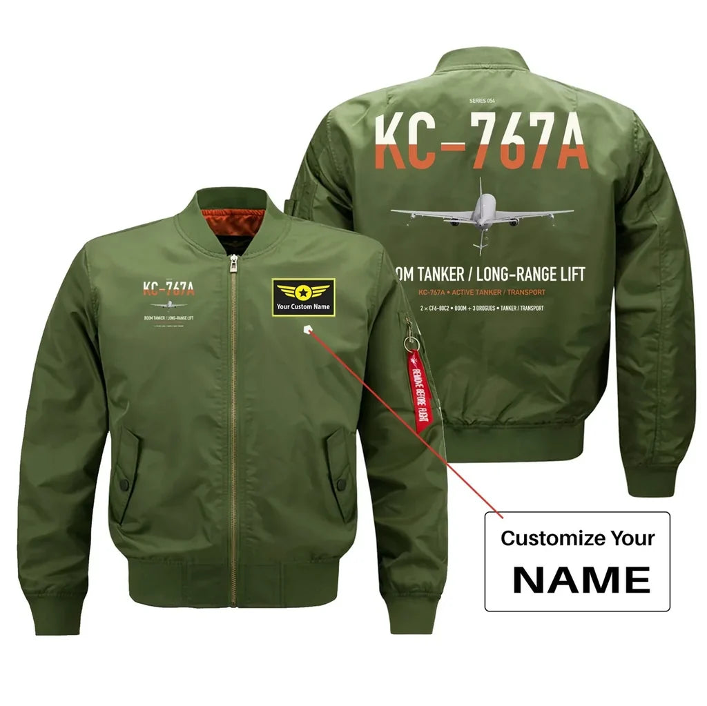 Boeing KC-767A design on green+name bomber jacket, double-side print
