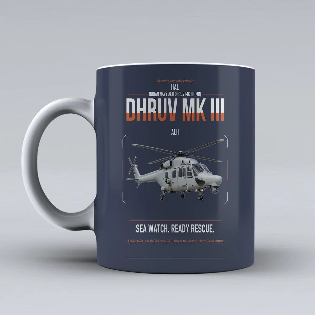 HAL ALH Dhruv Mk III design on dark blue ceramic mug, double-side print