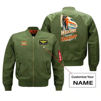 Thumbnail for SIGNAL 667 - Welcome Begins Before Takeoff - Bomber Jacket design on green bomber jacket with custom name badge