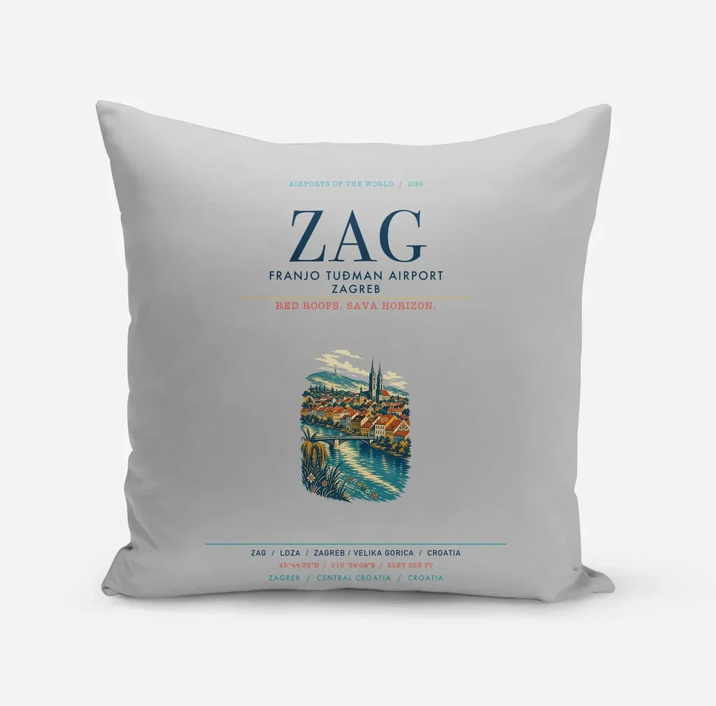 Franjo Tuđman Airport Zagreb (ZAG) design on light gray pillow