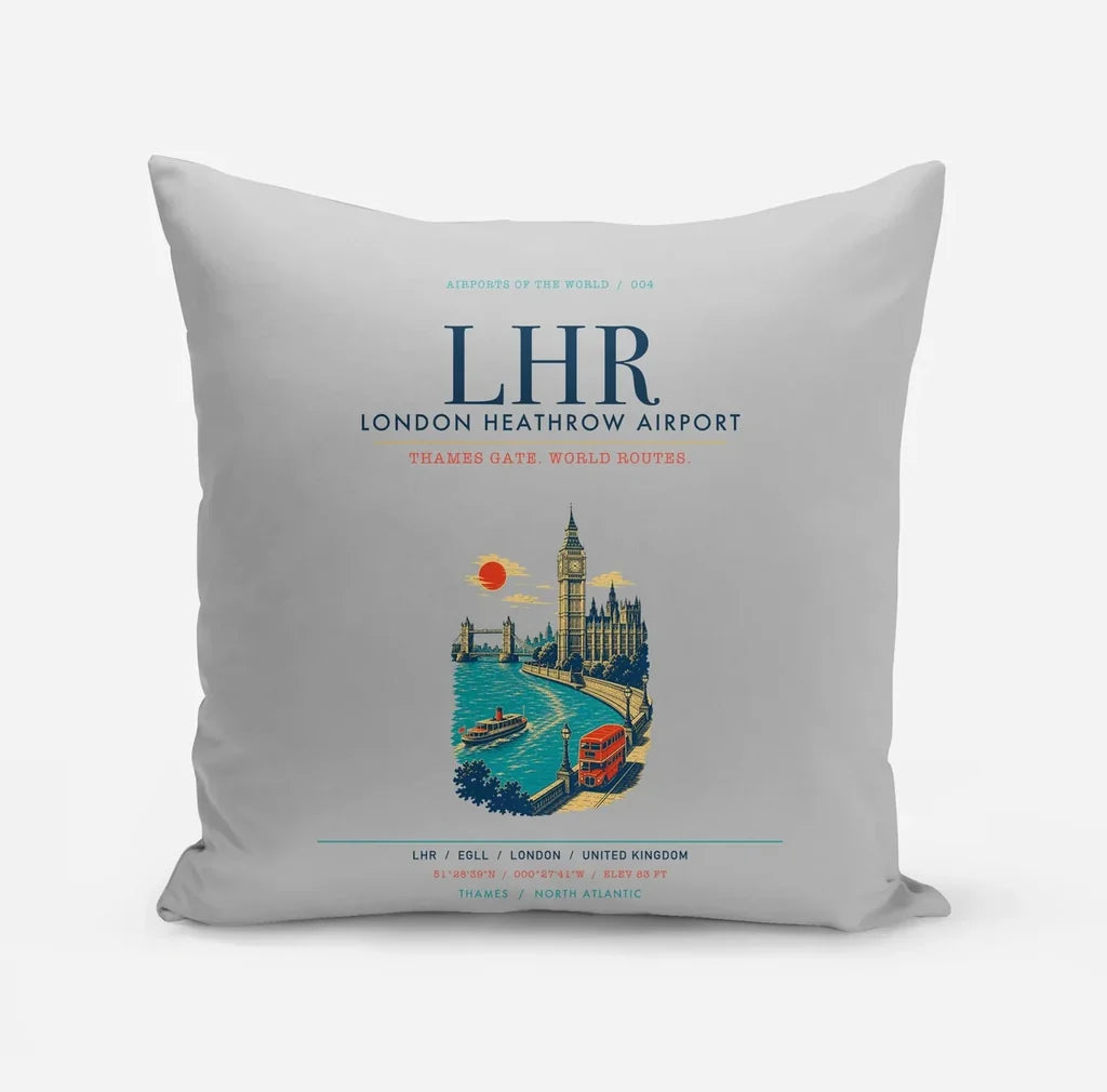 London Heathrow Airport (LHR) design on light gray pillow