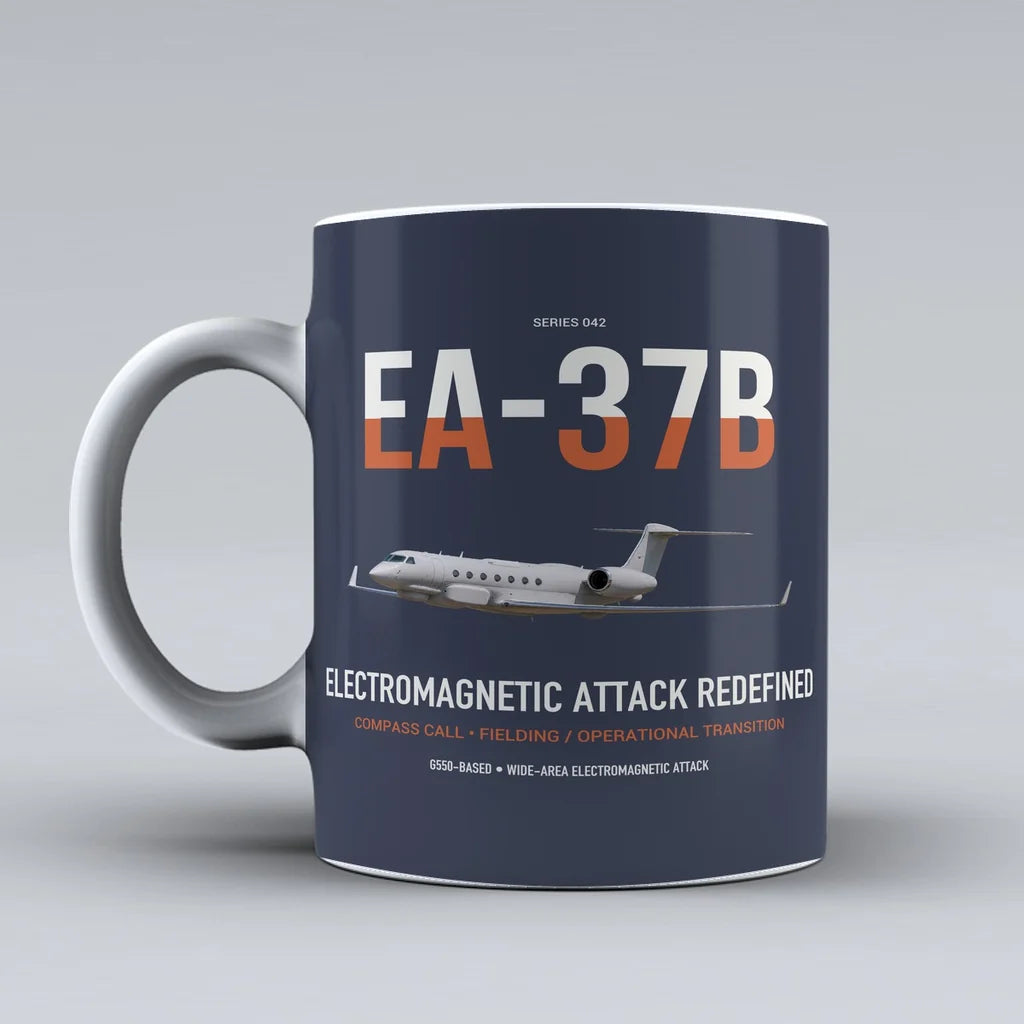 EA-37B Compass Call design on dark blue ceramic mug, double-side print