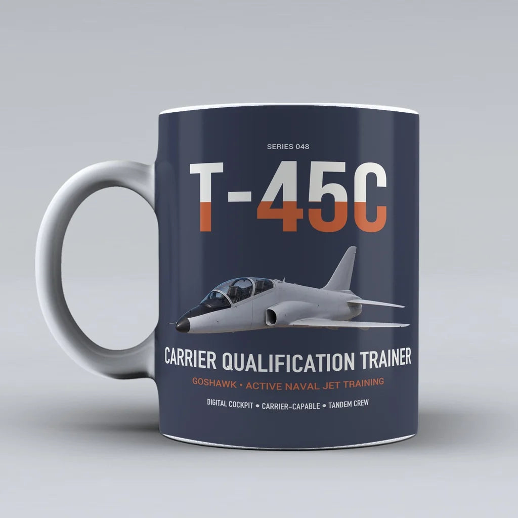 T-45C Goshawk design on dark blue ceramic mug, double-side print