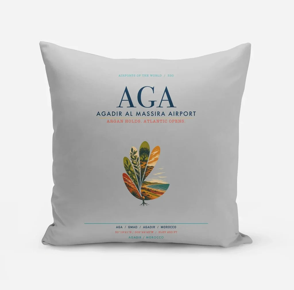 Agadir Al Massira Airport (AGA) design on light gray pillow
