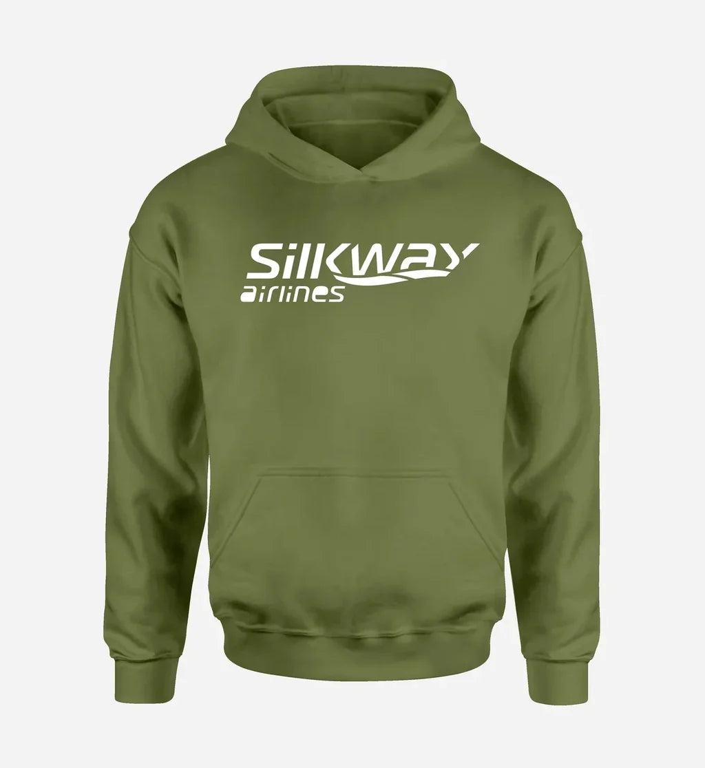 Silk Way West Airlines logo printed on green army hoodie