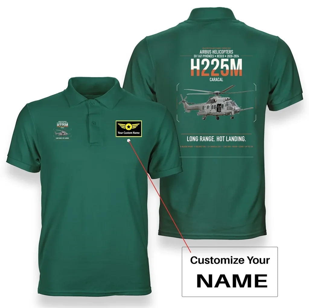 Airbus Helicopters H225M Caracal design on green+name double-side polo t-shirt, double-side print