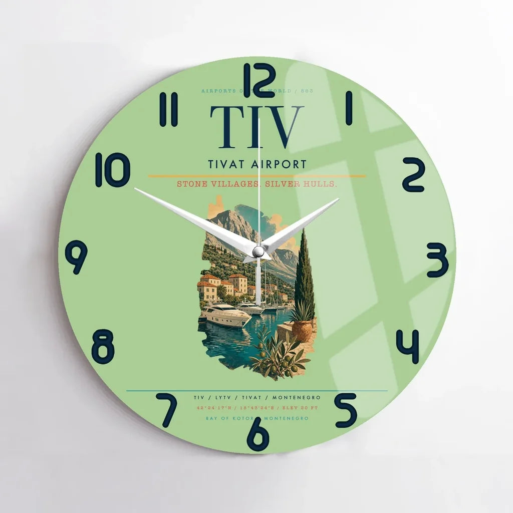 Tivat Airport (TIV) design on light green no frame wall clock