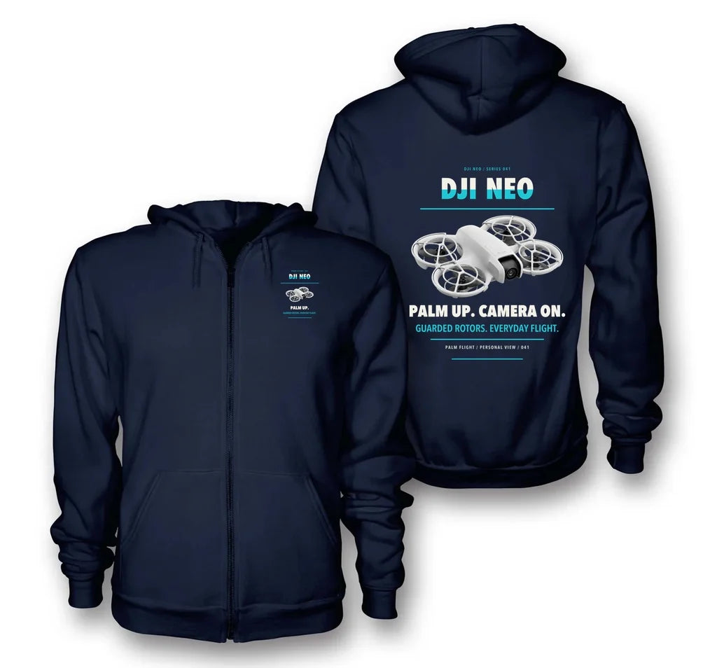 DJI Neo design on navy blue zipped hoodie