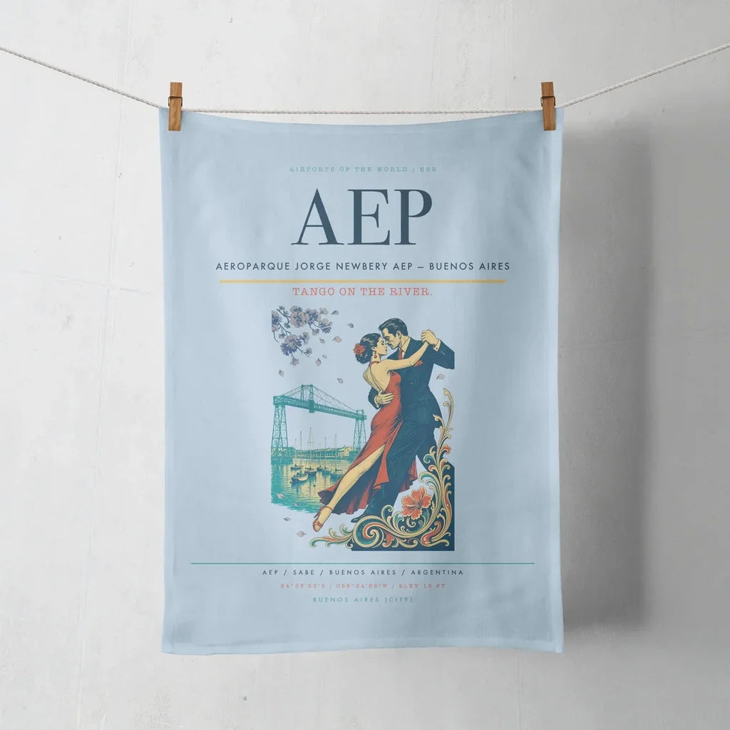 Aeroparque Jorge Newbery (AEP) design on light blue towel