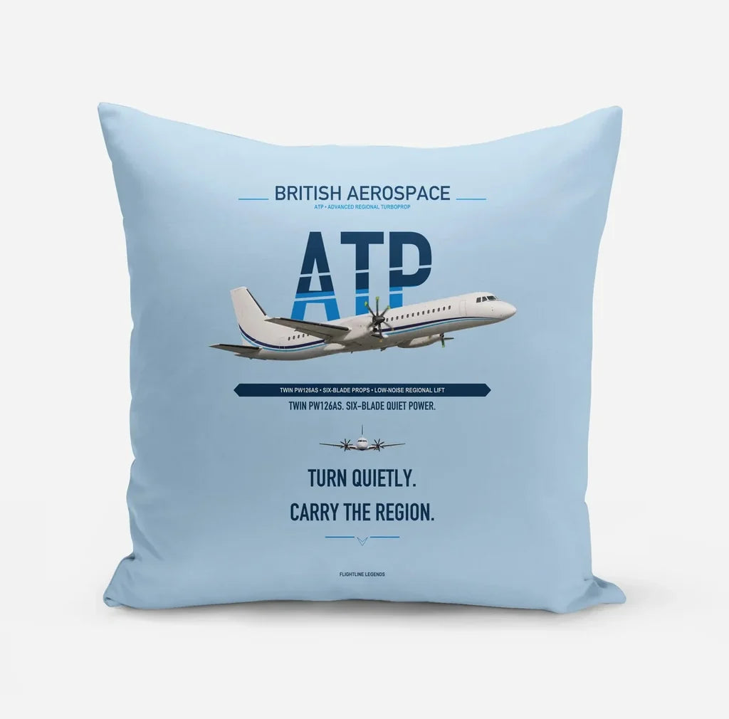British Aerospace ATP design on light blue pillow