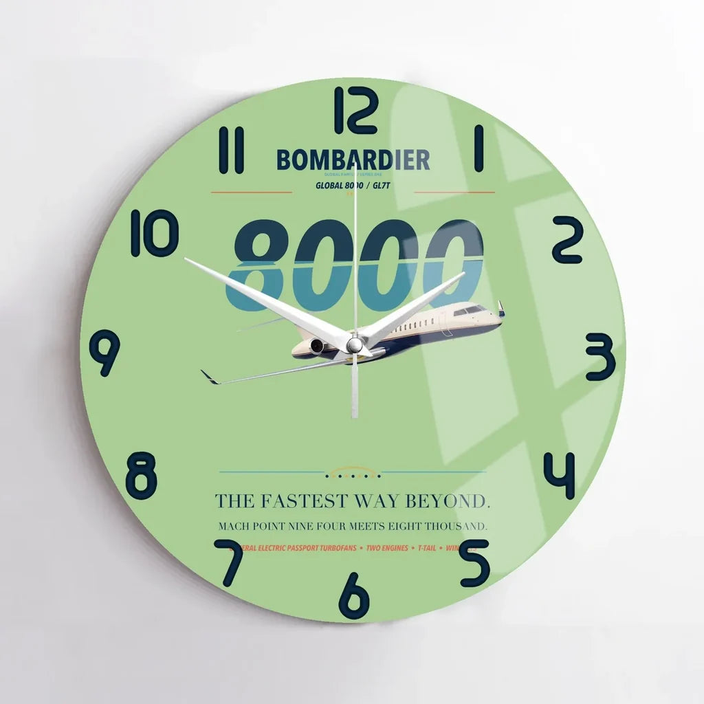 Bombardier Global 8000 design on light green no frame wall clock