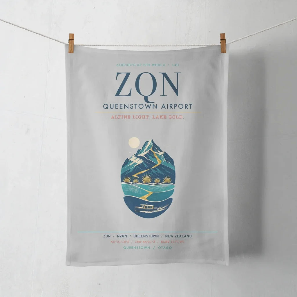 Queenstown Airport (ZQN) design on light gray towel