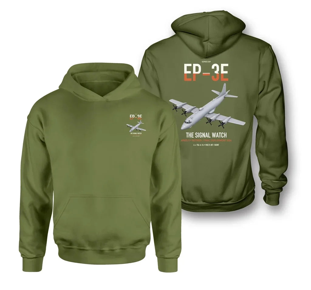 EP-3E ARIES II design on green army double-side hoodie, double-side print