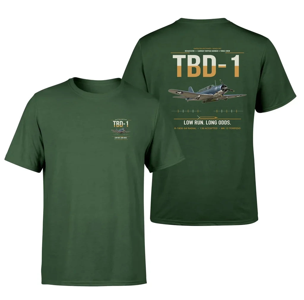 TBD-1 Devastator design on dark green double-side t-shirt, double-side print