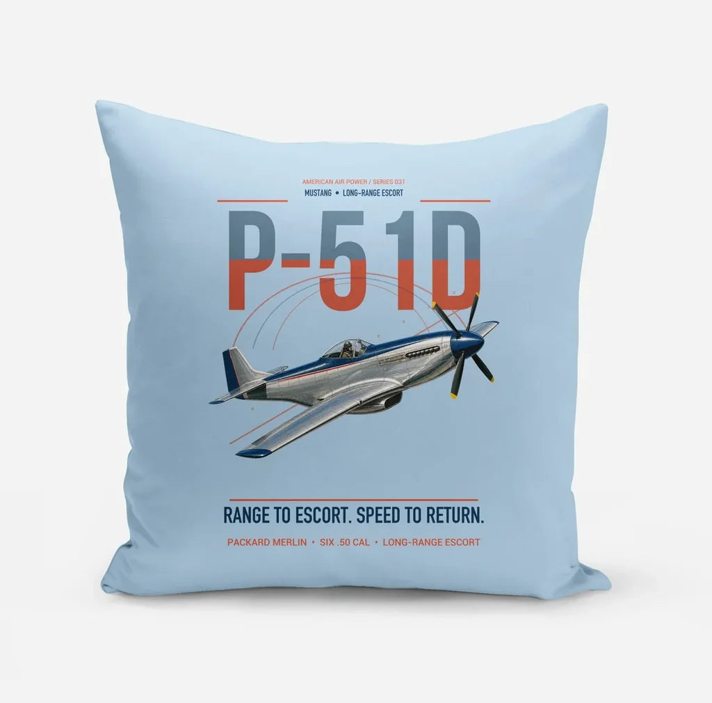 P-51D Mustang design on light blue pillow