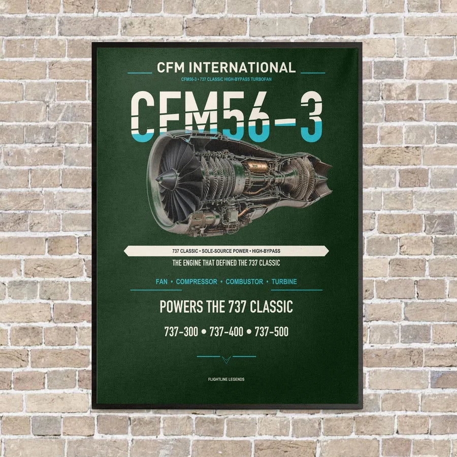 CFM56-3 vertical canvas print - framed - dark green background
