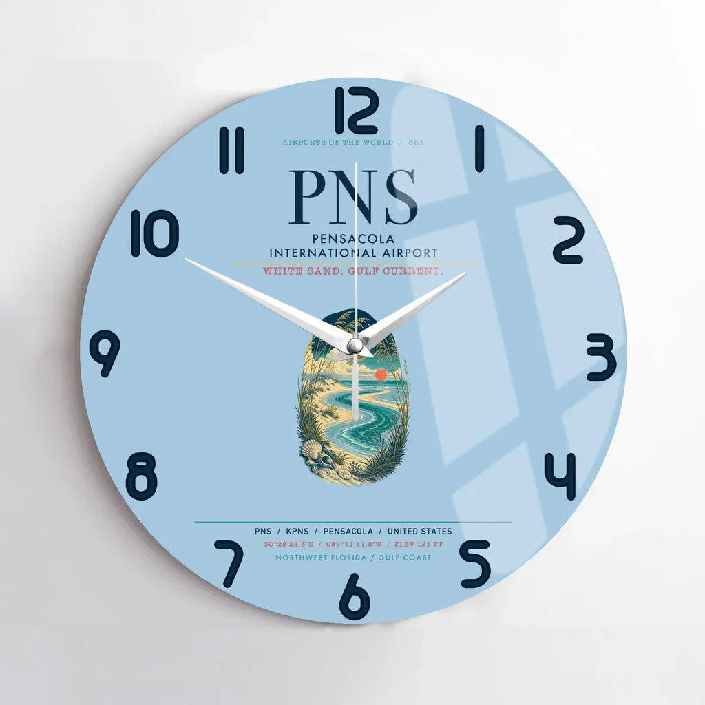 Pensacola International Airport (PNS) design on light blue no frame wall clock